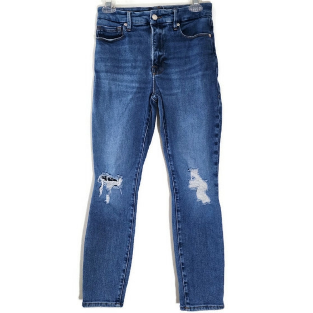 Good American High Waist Good Legs Jeans Natural Fray Distressed Knee Size 27